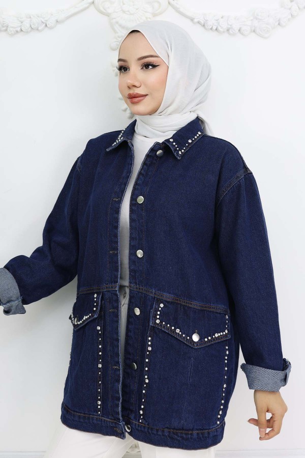 Taş İşlemeli Cepli Kot Ceket Lacivert 7902 Taş İşlemeli Cepli Kot Ceket Lacivert 7902