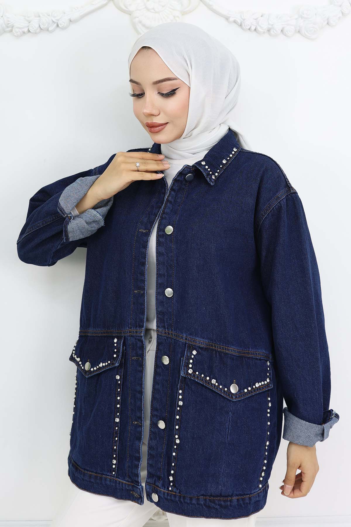 Taş İşlemeli Cepli Kot Ceket Lacivert 7902