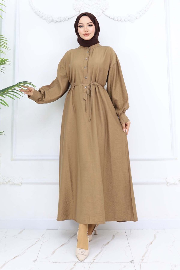 Önü Düğmeli Bağlamalı Elbise Vizon 2242 Önü Düğmeli Bağlamalı Elbise Vizon 2242