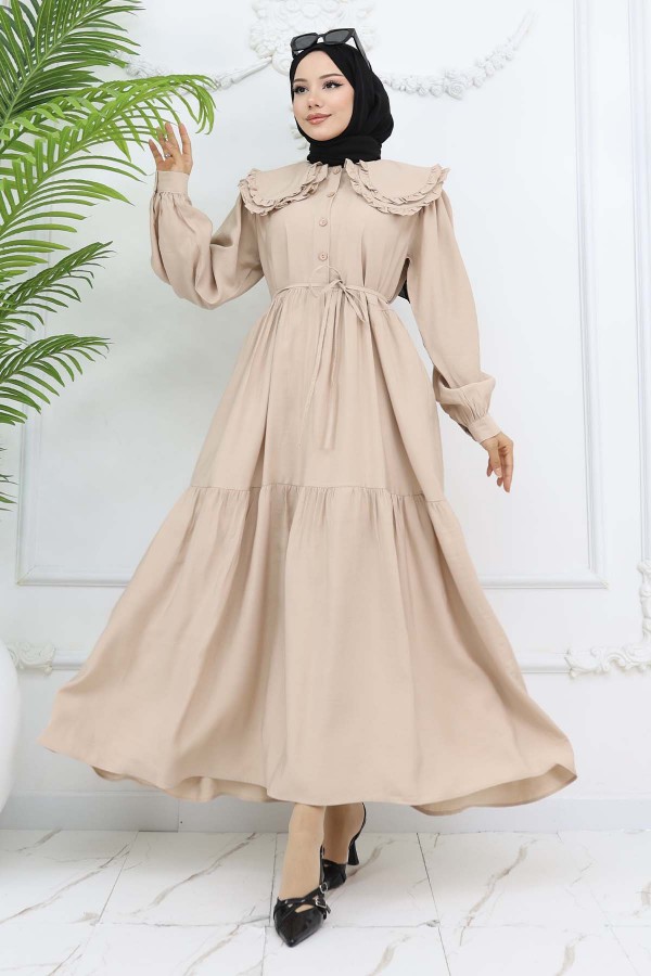 Bebe Yaka Önü Düğmeli Elbise Bej 2274 Bebe Yaka Önü Düğmeli Elbise Bej 2274
