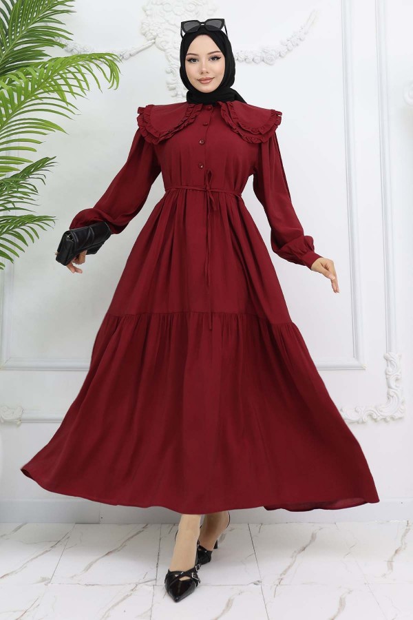 Bebe Yaka Önü Düğmeli Elbise Bordo 2274 Bebe Yaka Önü Düğmeli Elbise Bordo 2274