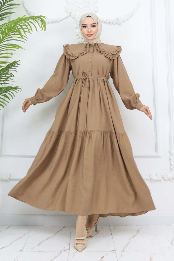 Bebe Yaka Önü Düğmeli Elbise Taba 2274 Bebe Yaka Önü Düğmeli Elbise Taba 2274