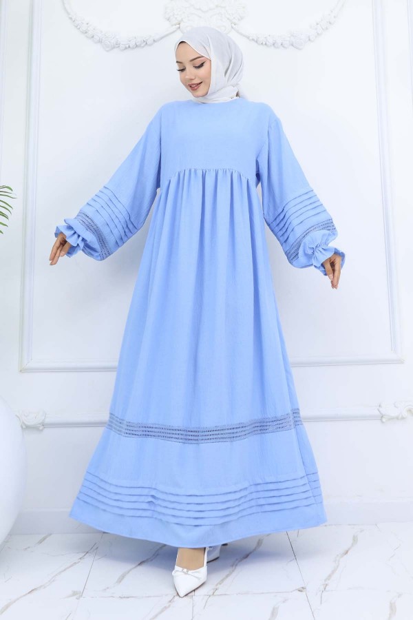 Nervür Detaylı Tesettür Elbise Bebe Mavisi 2207 Nervür Detaylı Tesettür Elbise Bebe Mavisi 2207