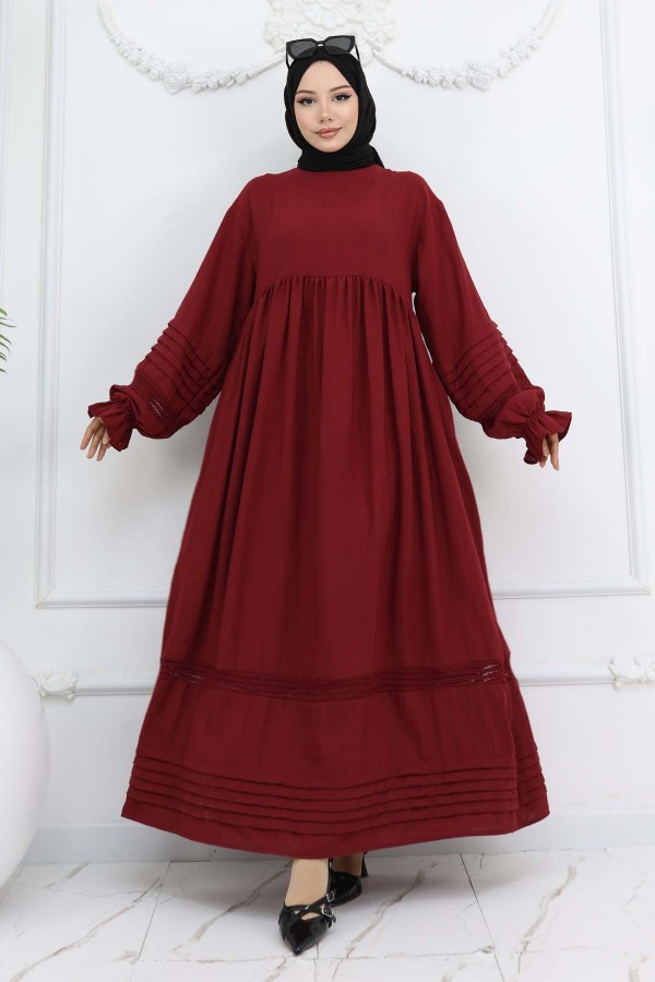 Nervür Detaylı Tesettür Elbise Bordo 2207 Nervür Detaylı Tesettür Elbise Bordo 2207