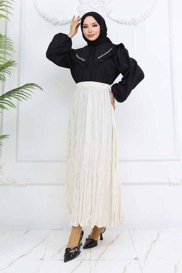 Beli Lastikli Kırışık Etek Taş Rengi 3435