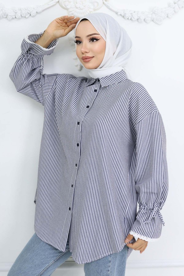 Kolları Fisto Detaylı Çizgili Gömlek Lacivert 2226