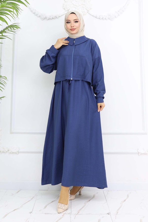 Fermuarlı Ceket Jile Tesettür Takım İndigo 2240