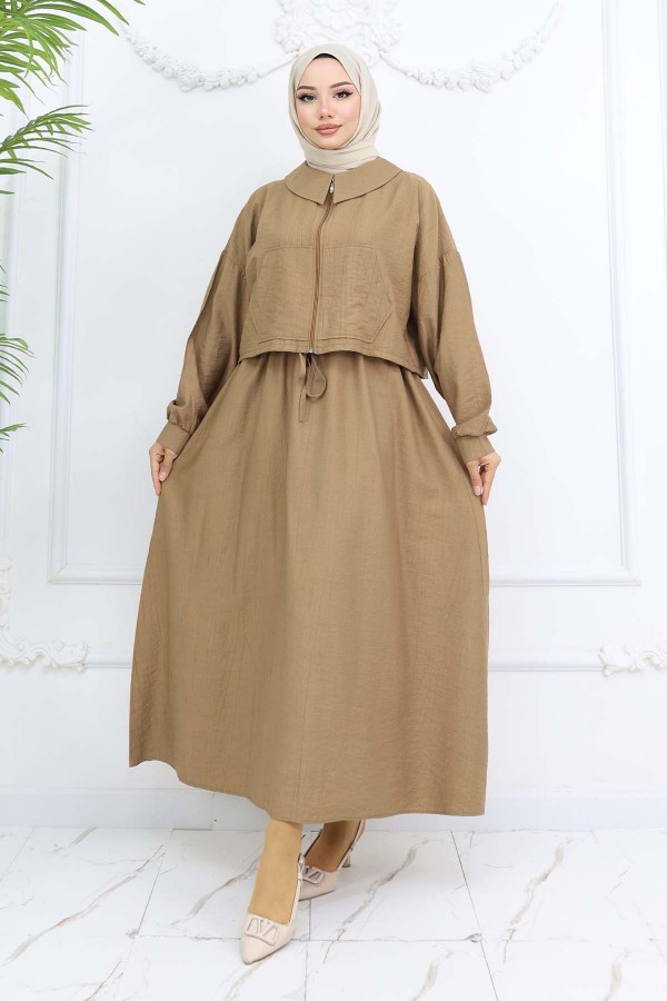 Fermuarlı Ceket Jile Tesettür Takım Vizon 2240