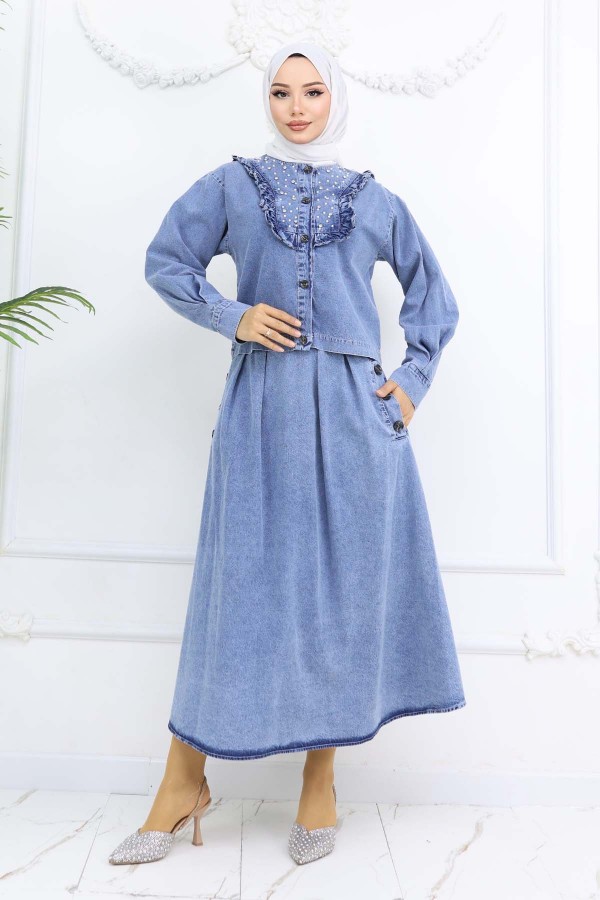 Yakası İnci Detaylı Kot Etekli Takım Mavi 6120