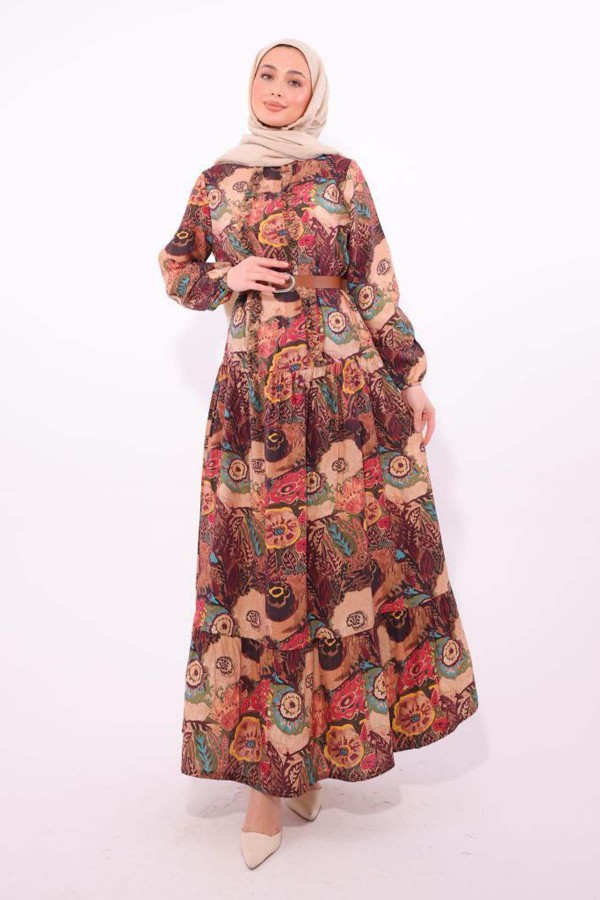 Desenli Kemerli Elbise Bordo 4830 Desenli Kemerli Elbise Bordo 4830