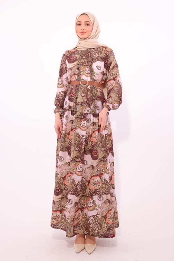 Desenli Kemerli Elbise Haki 4830 Desenli Kemerli Elbise Haki 4830