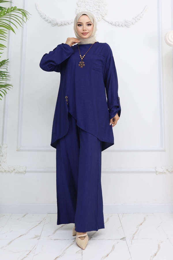 Düğme Detaylı Kolyeli İkili Takım Lacivert 4782