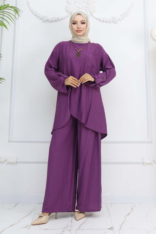 Düğme Detaylı Kolyeli İkili Takım Mor 4782