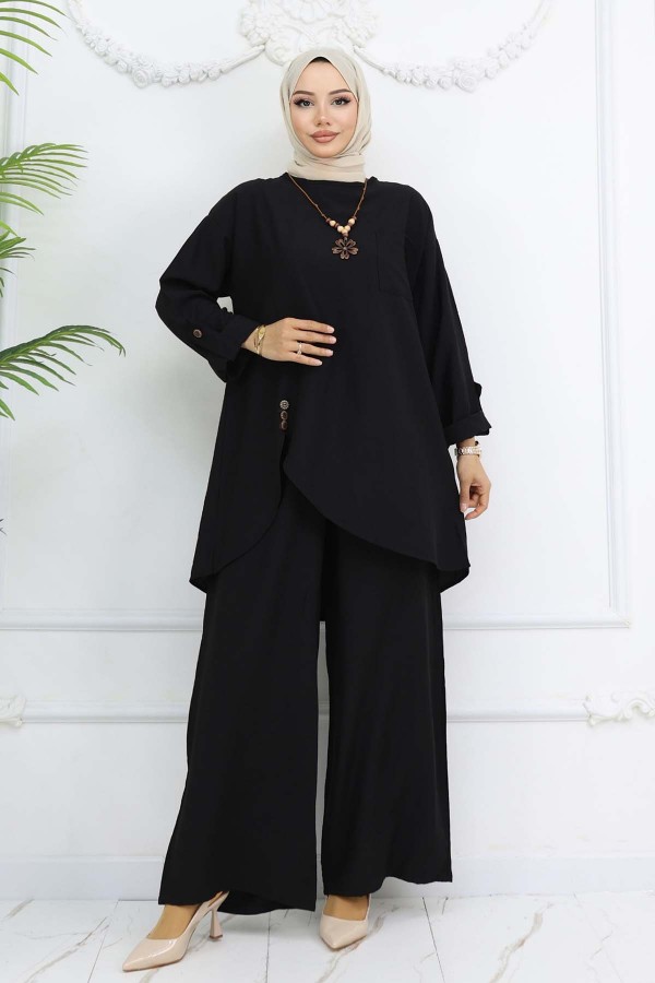 Düğme Detaylı Kolyeli İkili Takım Siyah 4782