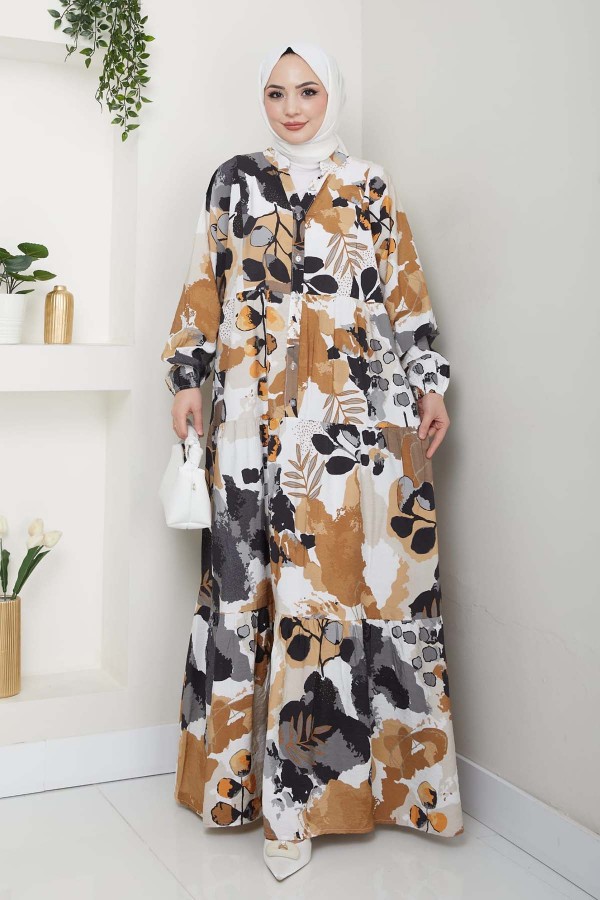 Desenli Tesettür Elbise Bej 4731 Desenli Tesettür Elbise Bej 4731