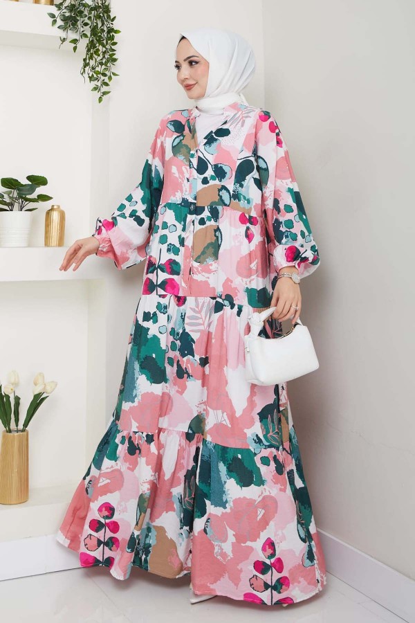 Desenli Tesettür Elbise Pembe 4731 Desenli Tesettür Elbise Pembe 4731