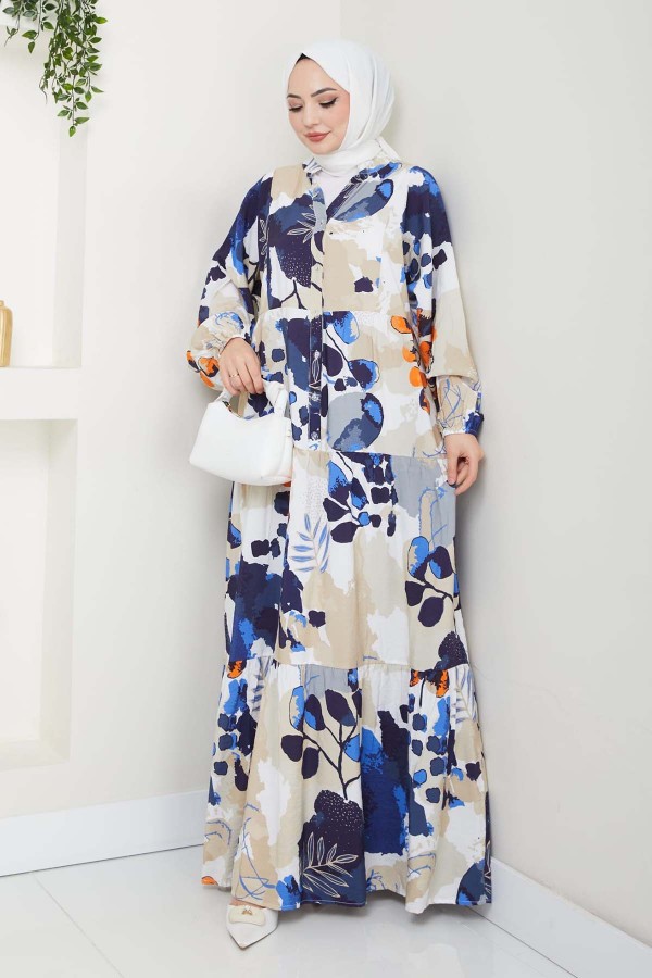 Desenli Tesettür Elbise Saks Mavisi 4731 Desenli Tesettür Elbise Saks Mavisi 4731