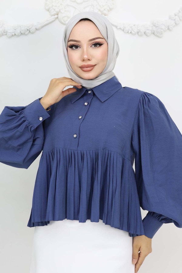 Pileli Kısa Gömlek İndigo 2248