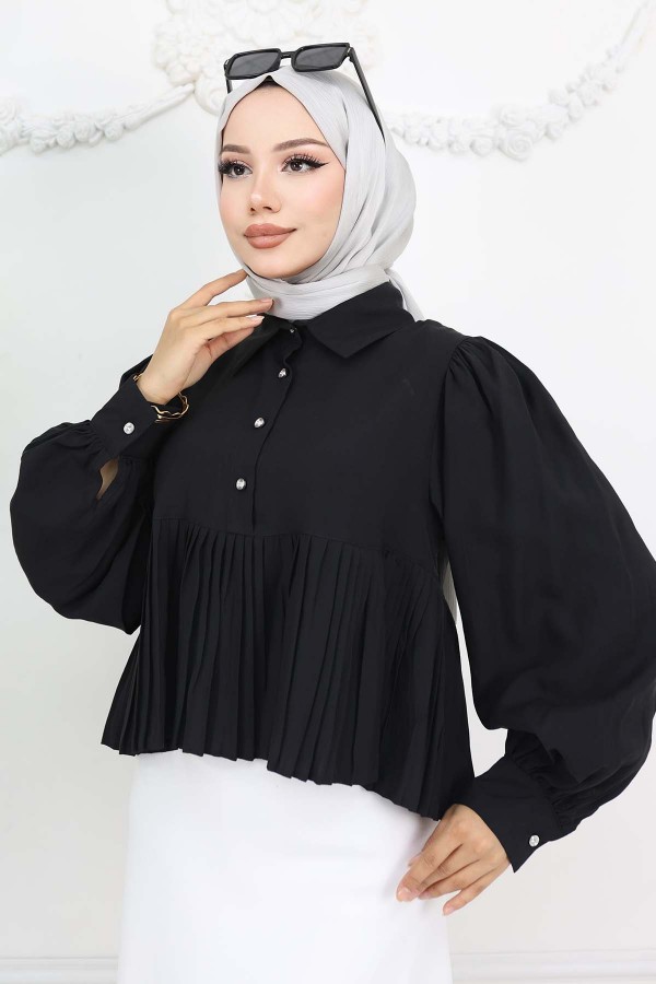 Pileli Kısa Gömlek Siyah 2248