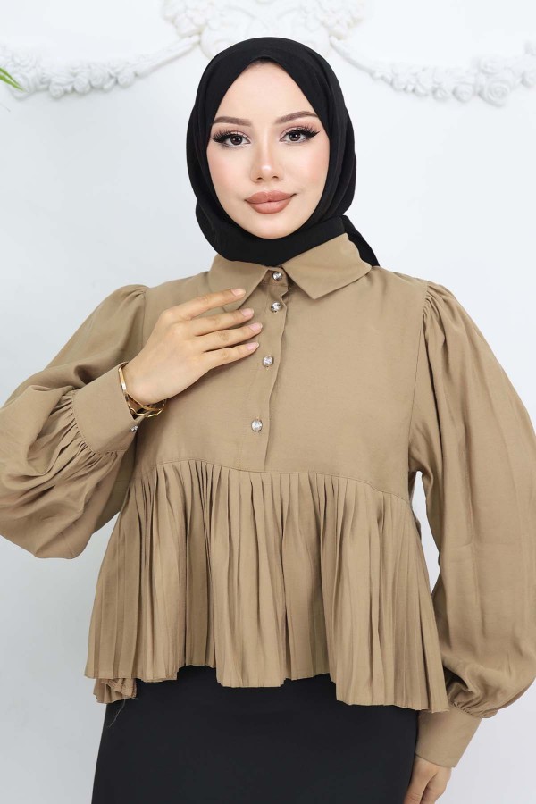 Pileli Kısa Gömlek Vizon 2248