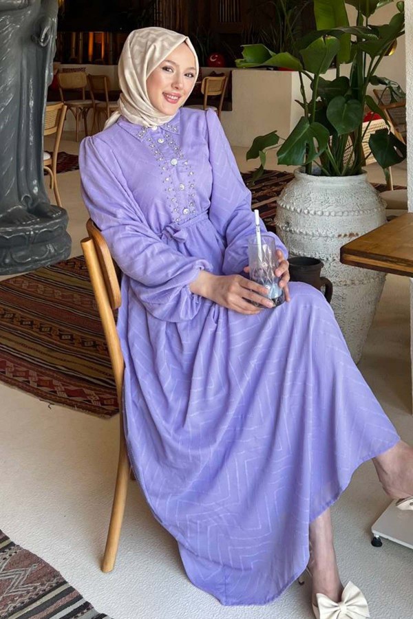Taş Detaylı Tesettür Elbise Lila 1412