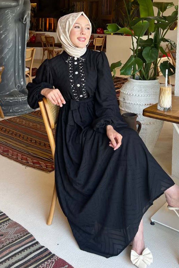 Taş Detaylı Tesettür Elbise Siyah 1412