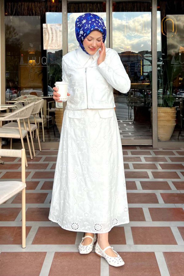 Yakalı Brode Takım Beyaz 3016