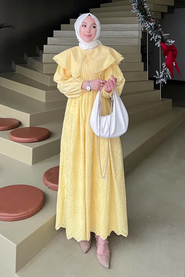 Yaka Detaylı Dantelli Elbise Sarı 1421 Yaka Detaylı Dantelli Elbise Sarı 1421