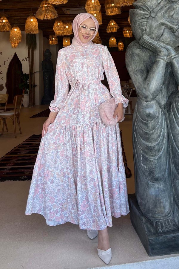 Çiçek Desenli Tesettür Elbise Pudra 502 Çiçek Desenli Tesettür Elbise Pudra 502