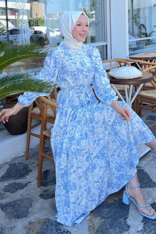 Çiçek Desenli Tesettür Elbise Mavi 503 Çiçek Desenli Tesettür Elbise Mavi 503
