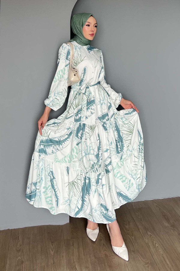 Desenli Tesettür Elbise Çağla 504