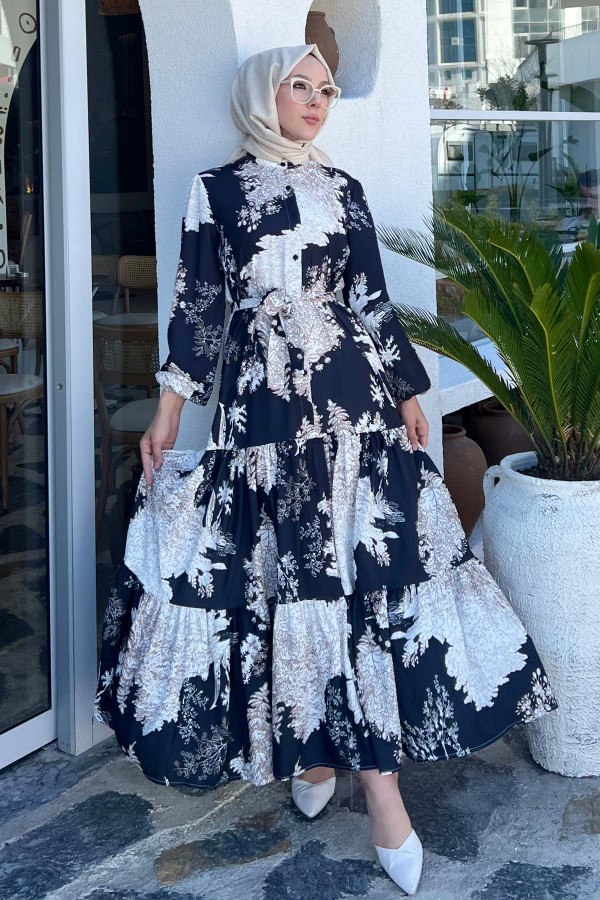 Desenli Tesettür Elbise Siyah 508