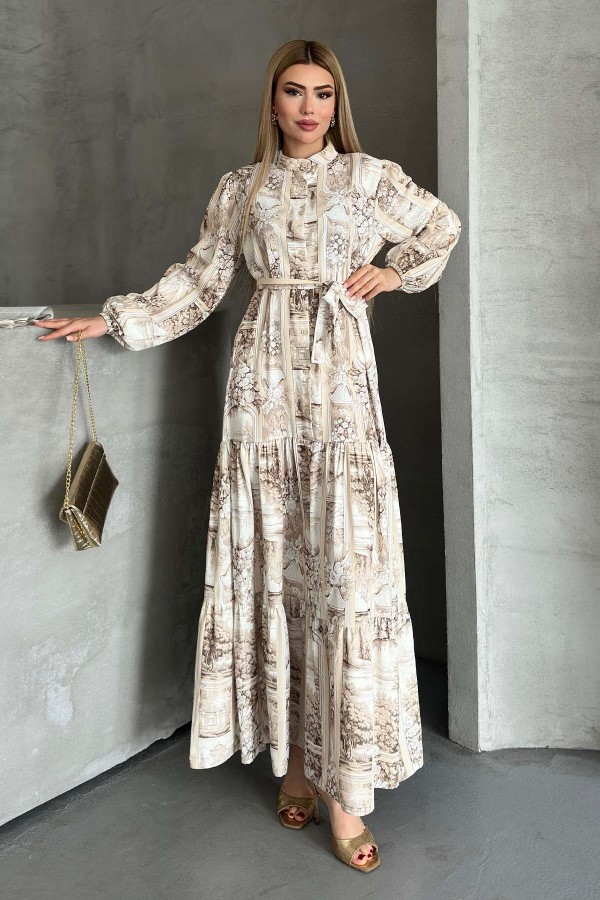 Desenli Tesettür Elbise Bej 507-1