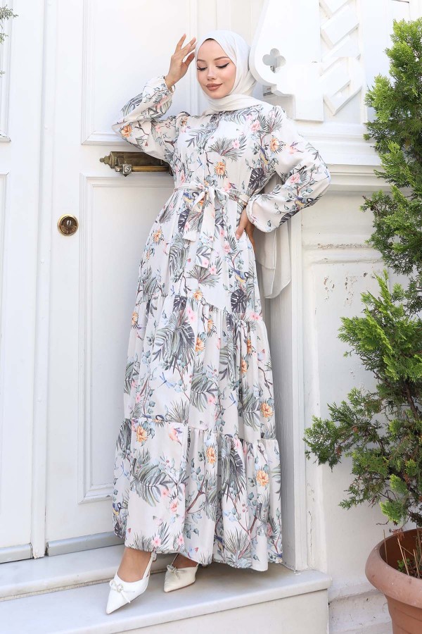 Desenli Tesettür Elbise Çağla 543