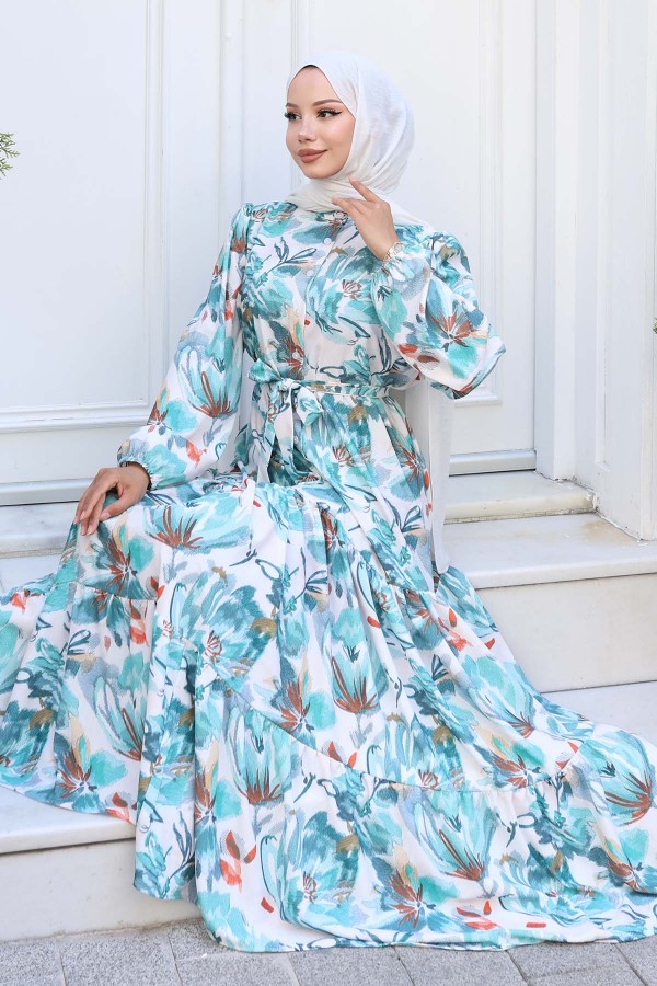 Desenli Tesettür Elbise Yeşil 549