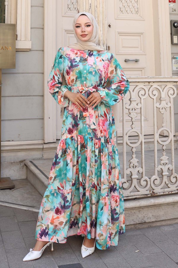 Desenli Tesettür Elbise Fuşya 551