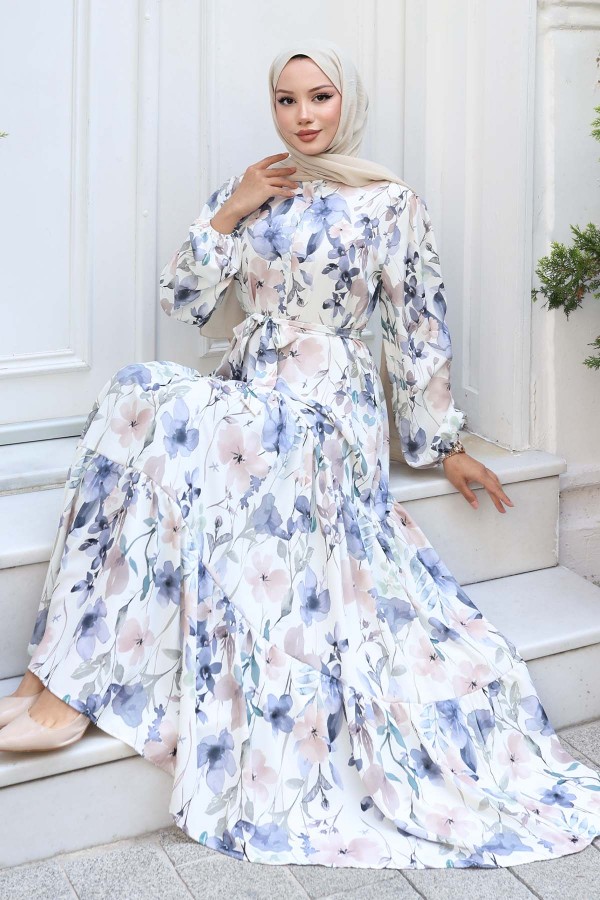 Desenli Tesettür Elbise Lila 515 Desenli Tesettür Elbise Lila 515