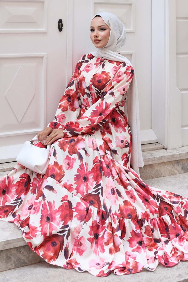 Desenli Tesettür Elbise Kırmızı 524 Desenli Tesettür Elbise Kırmızı 524