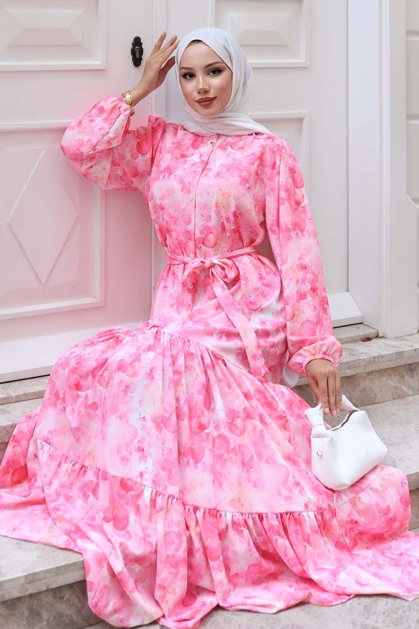 Desenli Tesettür Elbise Pembe 525