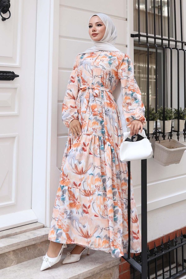 Desenli Tesettür Elbise Kiremit 531