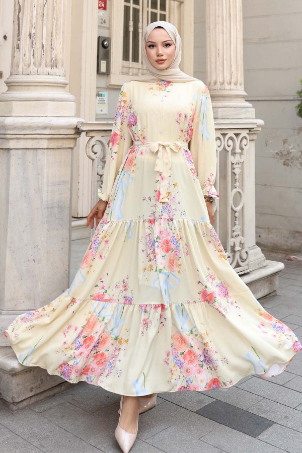 Desenli Tesettür Elbise Limon Sarısı 513 Desenli Tesettür Elbise Limon Sarısı 513