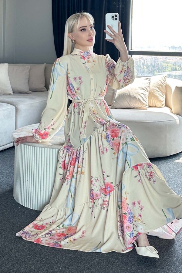 Desenli Tesettür Elbise Limon Sarısı 513-1