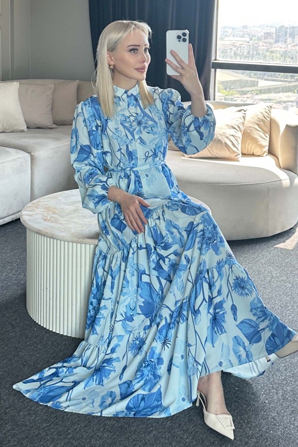 Desenli Tesettür Elbise Mavi 514-1