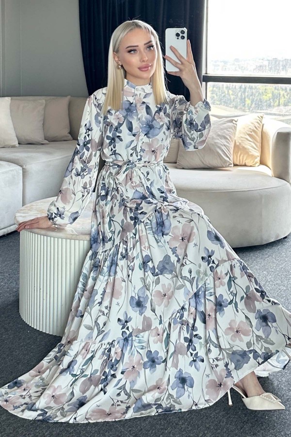 Desenli Tesettür Elbise Lila 515-1