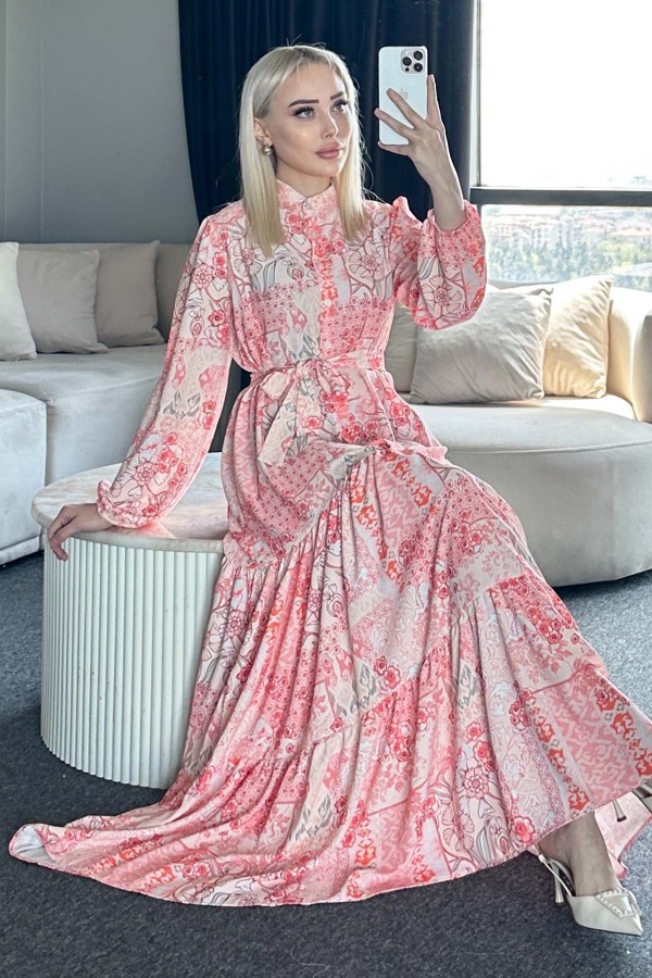 Desenli Tesettür Elbise Somon 520-1