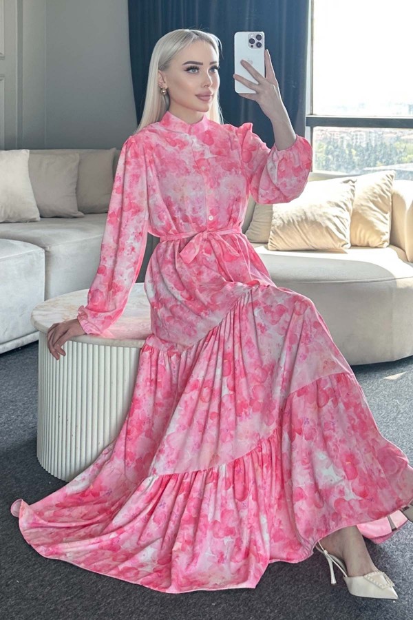 Desenli Tesettür Elbise Pembe 525-1