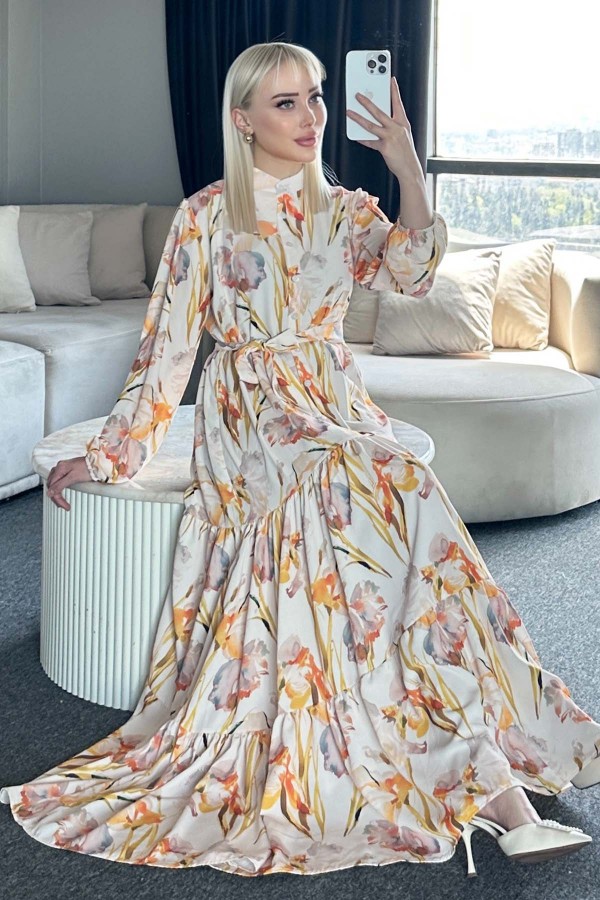 Desenli Tesettür Elbise Sarı 529-1