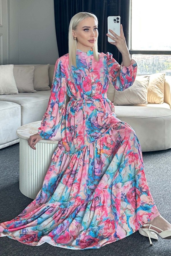 Desenli Tesettür Elbise Pembe 530-1