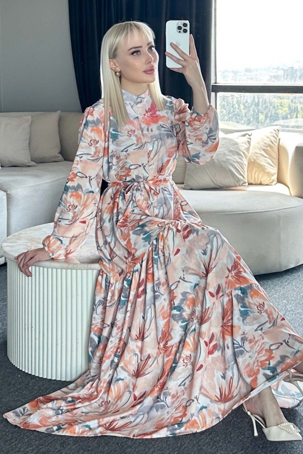 Desenli Tesettür Elbise Kiremit 531-1