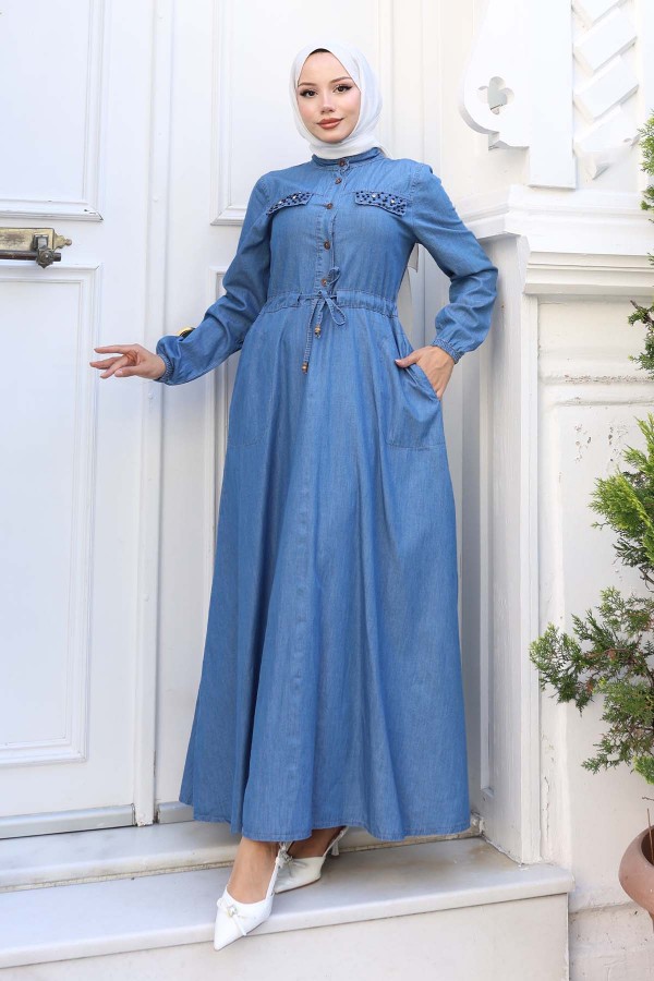 Cepleri Taş Detaylı Kot Elbise Lacivert 6768